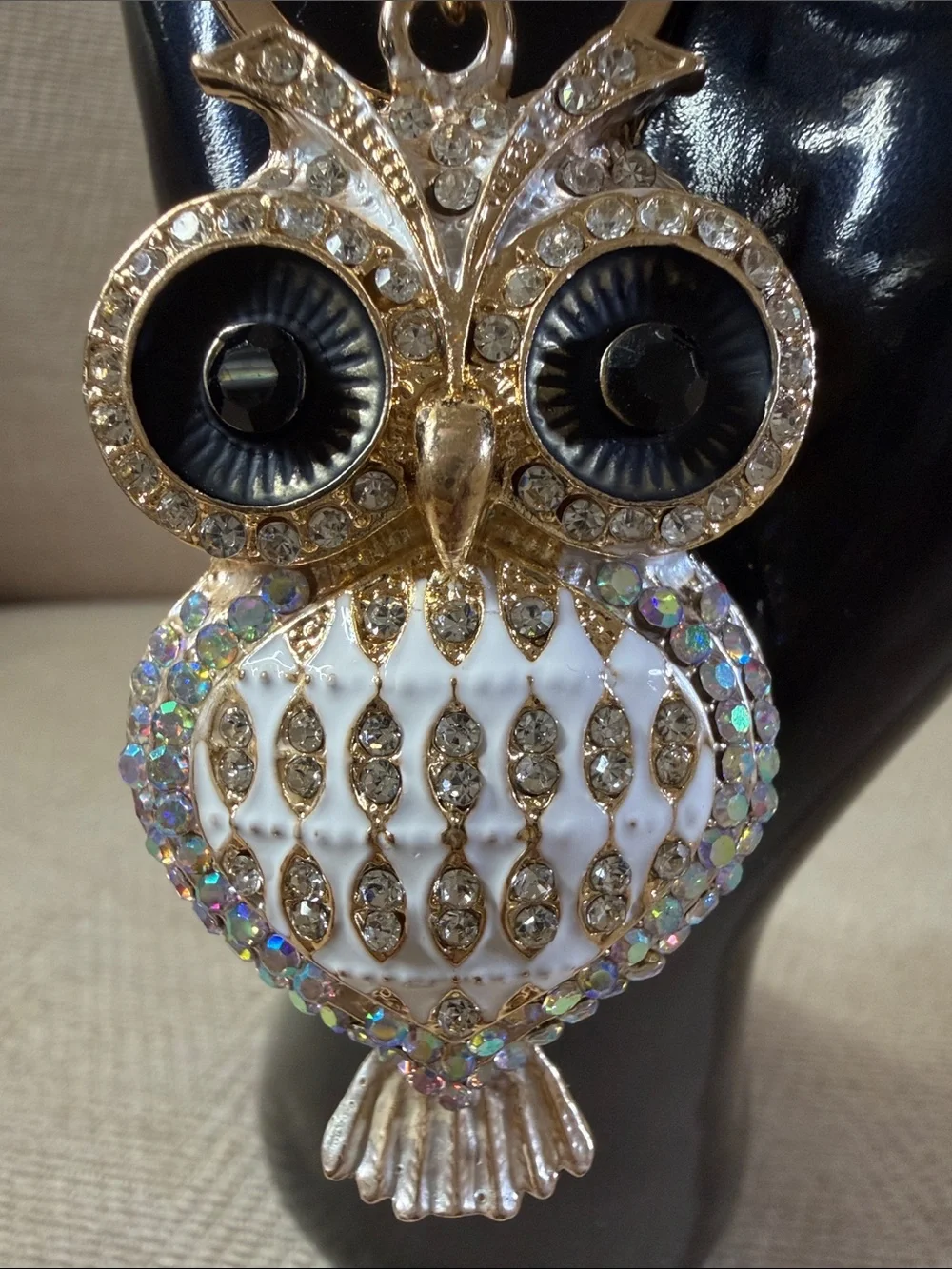 Gold-Tone Owl Keychain Bag Charm in White and Gold